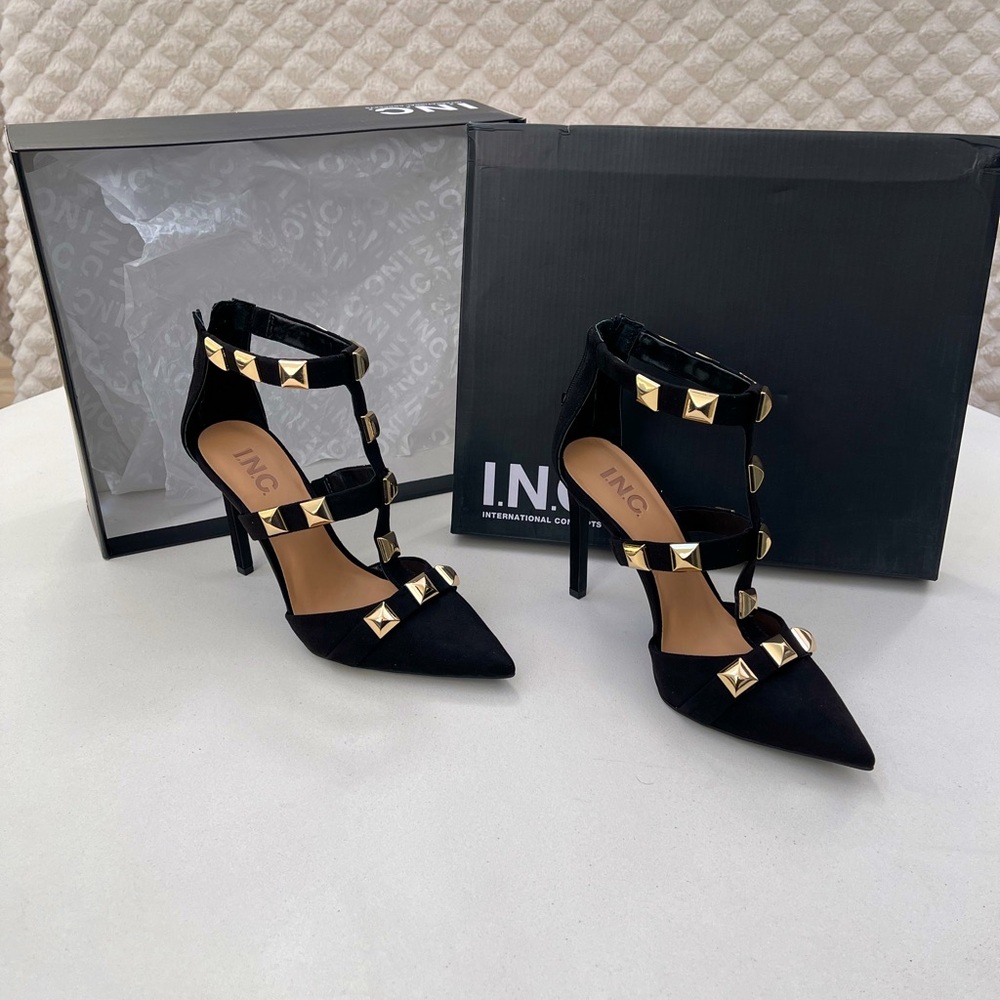 *NEW* INC's Sundia Gold Studded Black Microfiber Dress Pump!